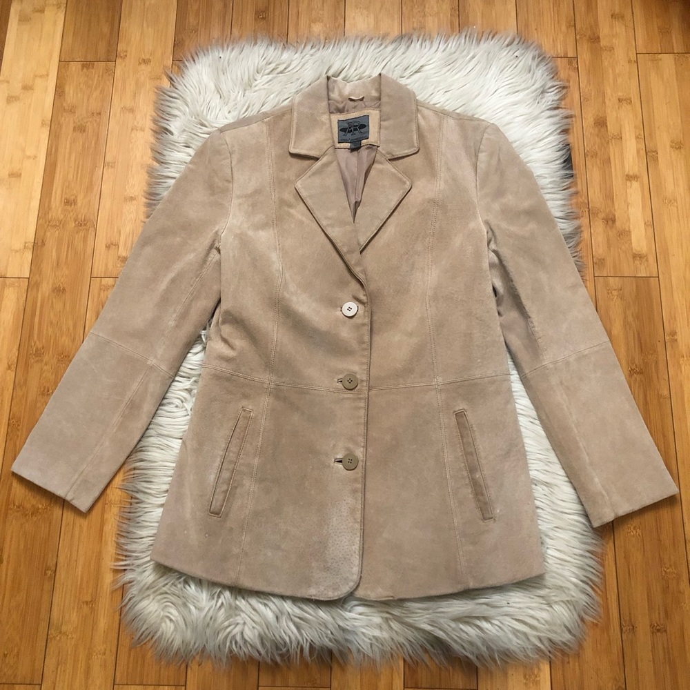 Vintage AR Genuine Suede Leather Classic Buttoned Tan Womens Blazer Jacket M